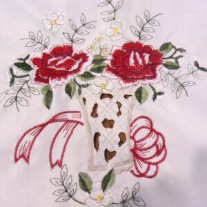 Embroidered Red Rose 68" Round Satin Tablecloth, New White Holiday Tablecloth